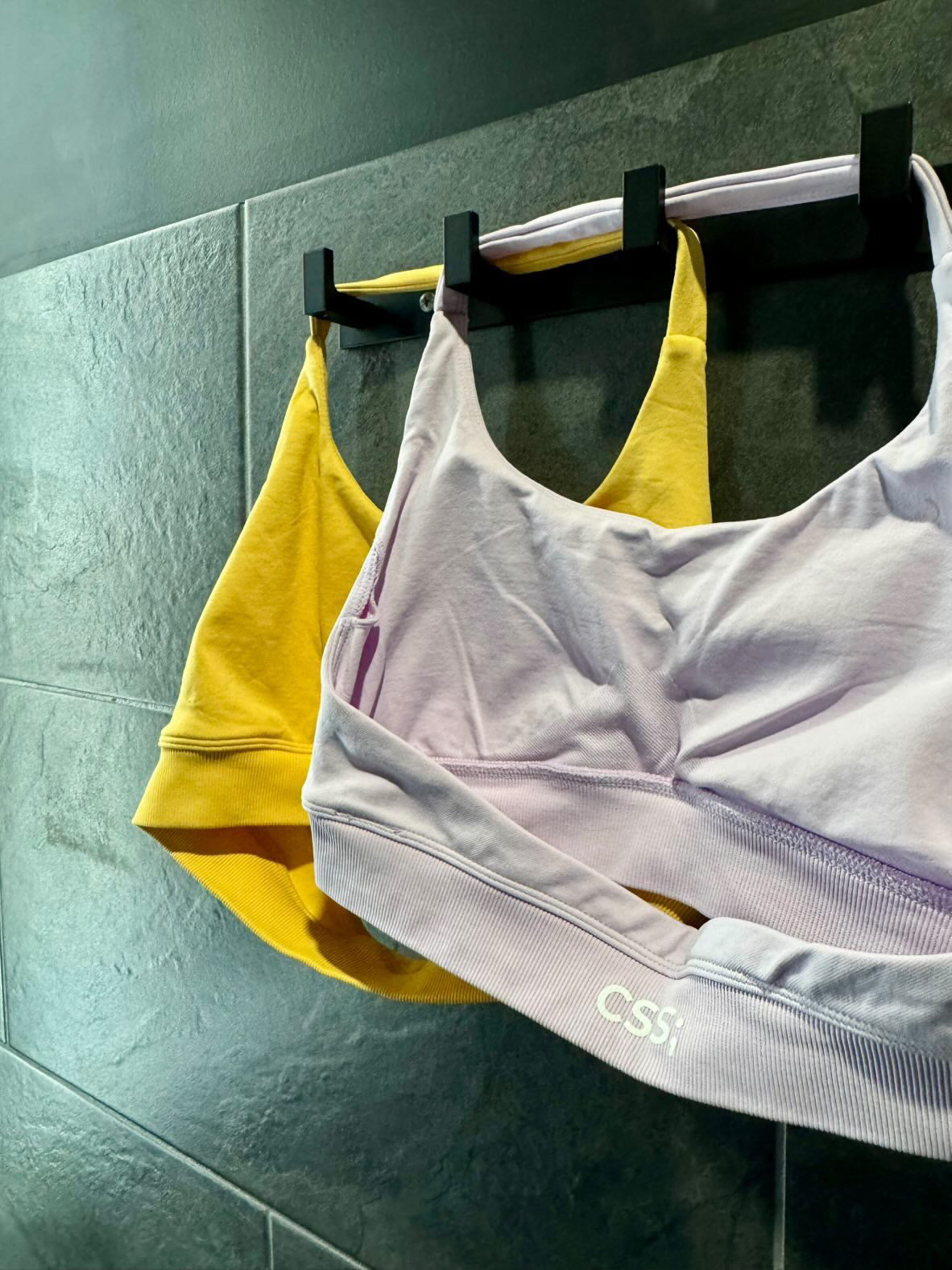 Congo Strength Shoppe seamless sports bras in white and yellow